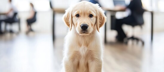 Golden Retriever puppy in a modern office setting with professionals at desks, showcasing a candid moment and ample space for text inclusion.