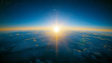 Heavenly Sunrise: A breathtaking panoramic view of a radiant sunrise over a sea of clouds, showcasing the vastness and beauty of the atmosphere.