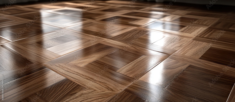 Poster elegant walnut parquet floor fragment showcasing intricate patterns and a glossy finish reflecting n