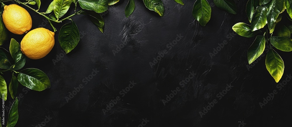 Aufkleber fresh lemons and green leaves on dark background with empty space for text design or culinary use