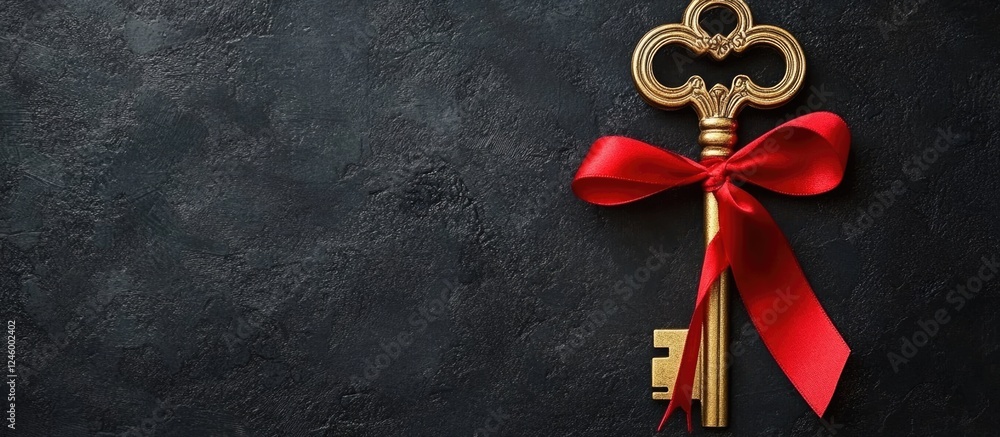 Poster golden key with red ribbon on dark stone surface and empty space for text display