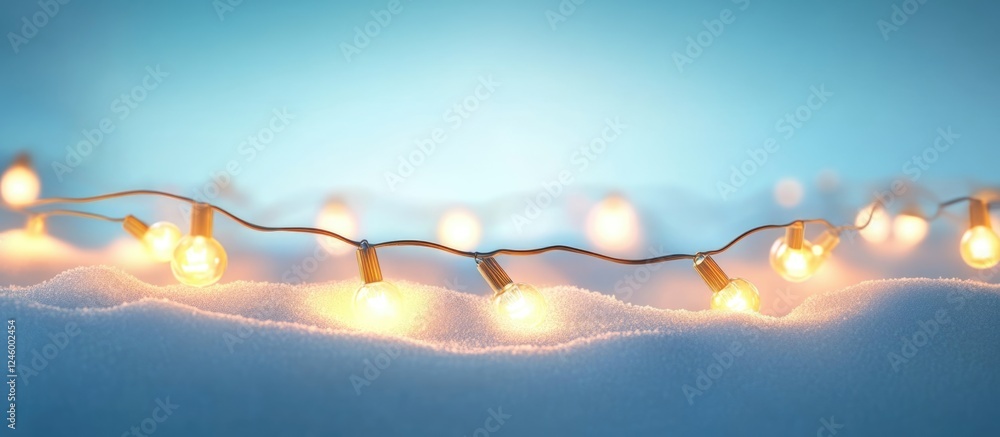 Aufkleber festive string lights illuminating a snowy scene with a serene blue backdrop and ample space for tex