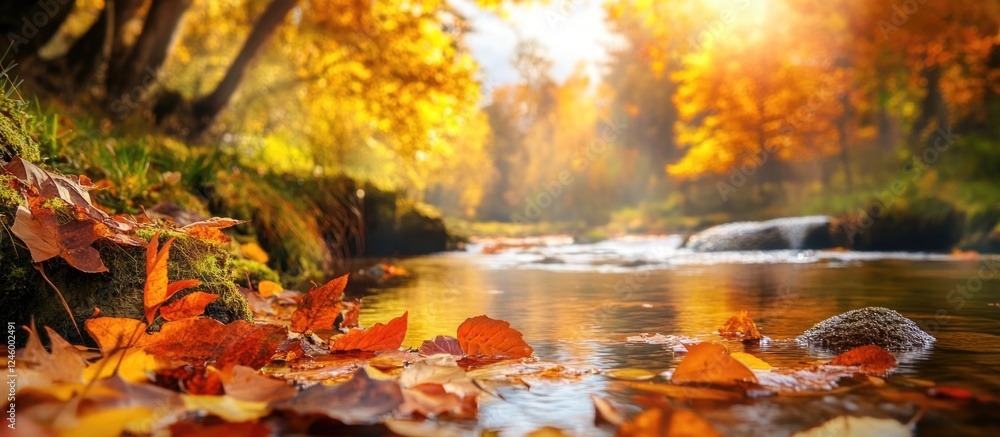 Poster serene autumn scene with fallen leaves on a tranquil stream surrounded by vibrant foliage and ample 