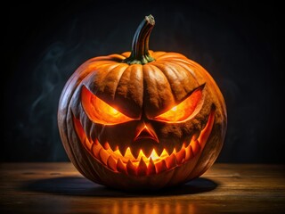 Glowing evil jack-o'-lantern, digitally crafted, long exposure effect, dark background, spooky Halloween.