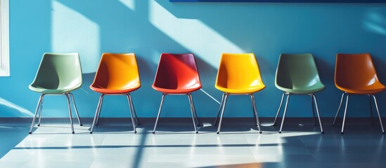 Vibrant empty chairs in modern hospital waiting area with ample space for text and sunlight casting shadows on the floor