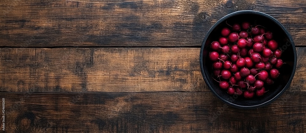 Poster fresh chioggia beets in black bowl on rustic wooden table with negative space for text and design el