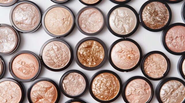 A collection of glittery highlighters and bronzers displayed in a symmetrical grid on a white surface.