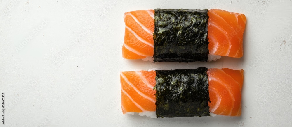 Aufkleber fresh salmon fillet sushi wrapped in seaweed on a light background with space for text and culinary 