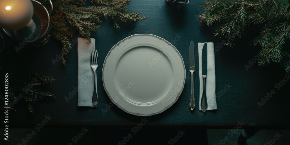 Aufkleber elegant overhead view of empty dining table setting with plate cutlery and linen napkin surrounded b