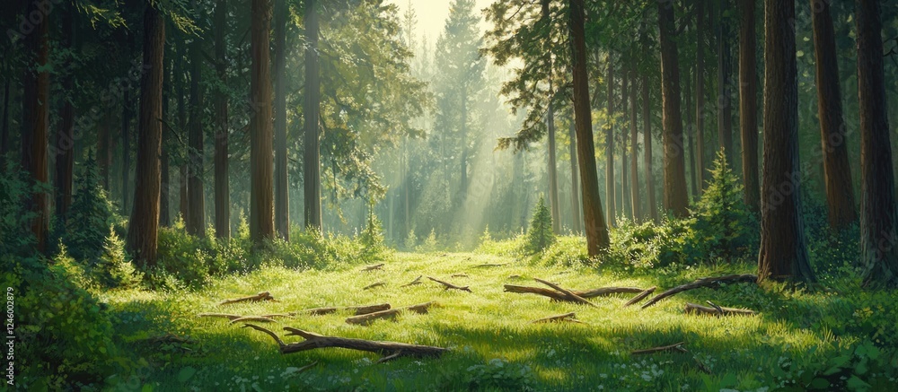 Aufkleber sunlight filtering through tall pine trees illuminating fallen branches in a serene forest clearing 