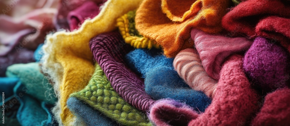 Poster vibrant assortment of colorful felt textures showcasing intricate patterns and soft fabric layers in