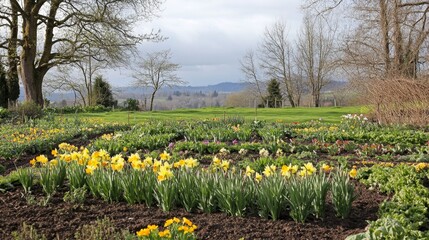 Fototapeta premium Spring Garden with Daffodils and Blossoms