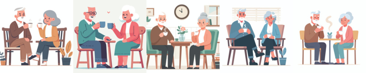 vector set of grandfather and grandmother sitting drinking coffee