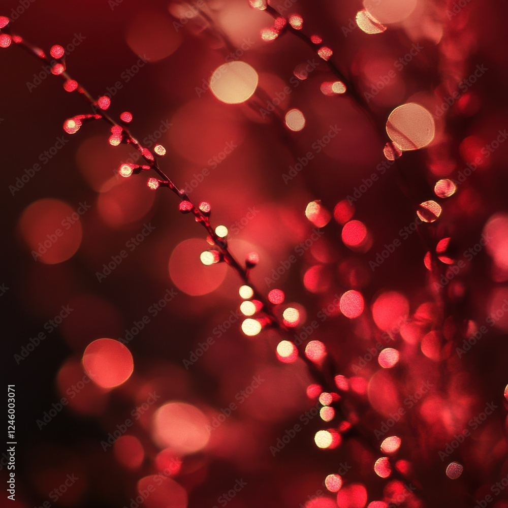 Poster close up of deep red background with bokeh lights and golden highlights for creative design projects