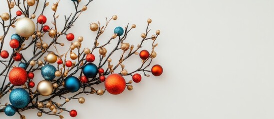 Festive Christmas branches decorated with colorful ornaments creating a seasonal atmosphere with blank space for text or messages