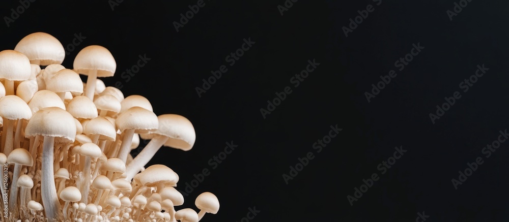Poster fresh white champignon mushrooms culinary composition on black background with space for text in a p