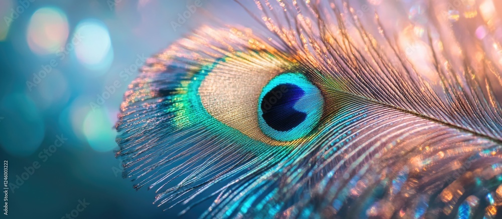 Poster vibrant close-up of a peacock feather showcasing intricate patterns and iridescent colors against a 