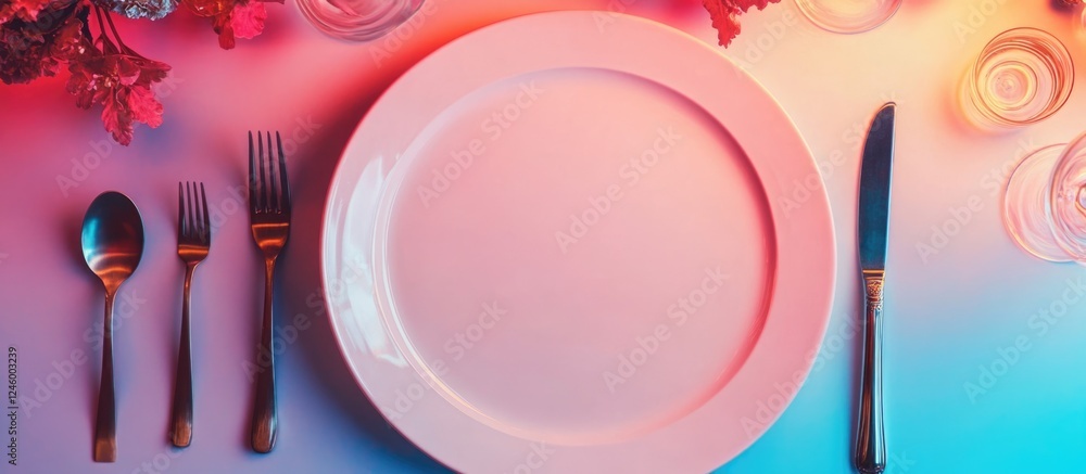 Poster elegant dining table setup with empty plate and cutlery for ritualistic banquet experience and text 