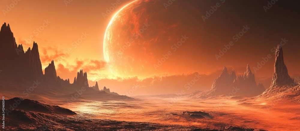 Poster futuristic sci-fi landscape with abstract technology elements and space for text in dramatic orange 