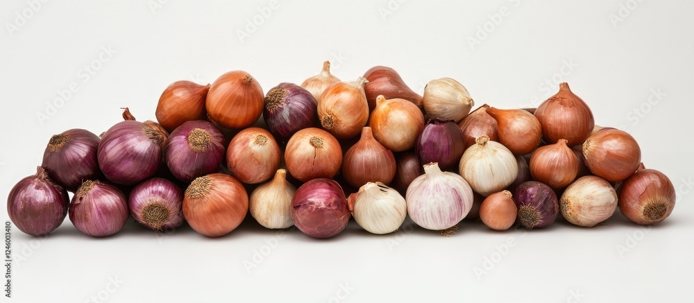 Poster assorted garlic and shallots arranged neatly on a white background showcasing their distinct colors 