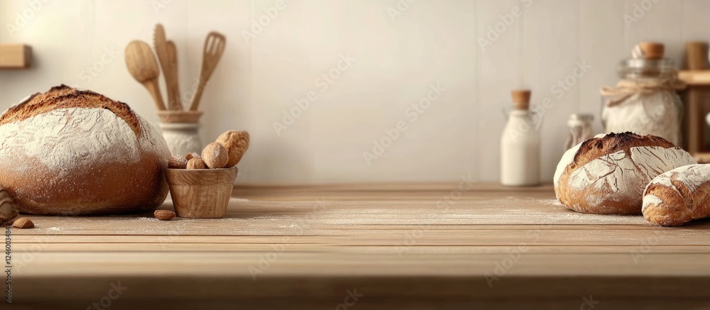 Poster artisan bread loaves on wooden table with empty space for culinary text or advertisements in a rusti