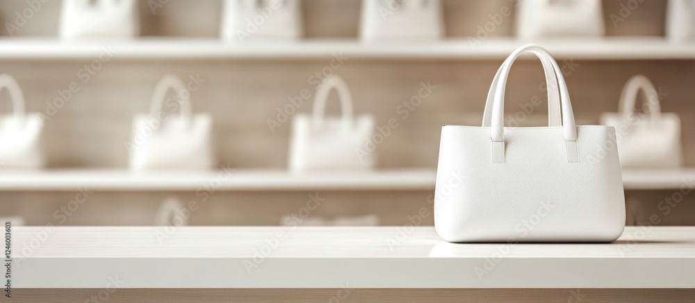 Poster elegant white handbag displayed on a minimalist store shelf with ample empty space for promotional t