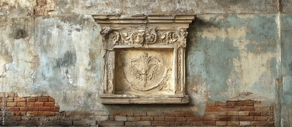 Poster stone bas relief fragment on an aged building wall highlighting intricate architectural details and 