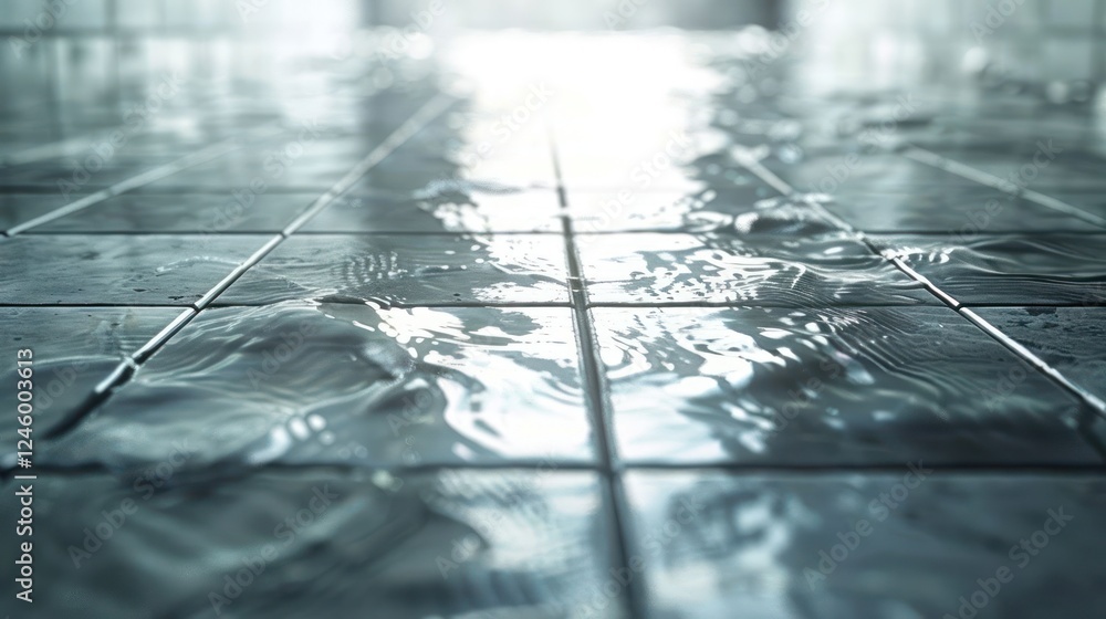 Poster water pooling on tiled floor in a serene indoor space, reflecting light and creating tranquility