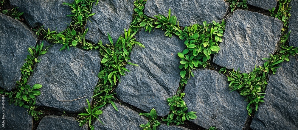 Aufkleber paving blocks with lush green grass sprouting through cracks creating a harmonious blend of stone an