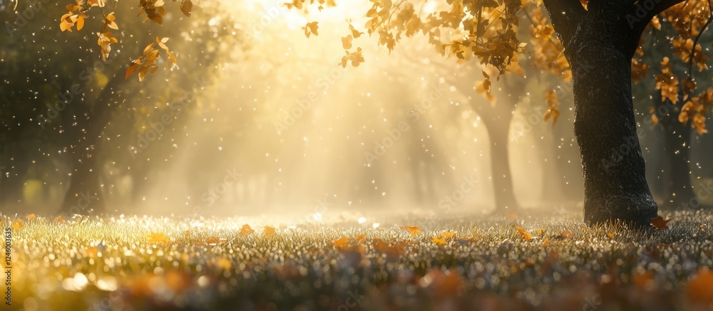 Poster misty forest scene with sunlight filtering through trees creating a serene morning atmosphere filled