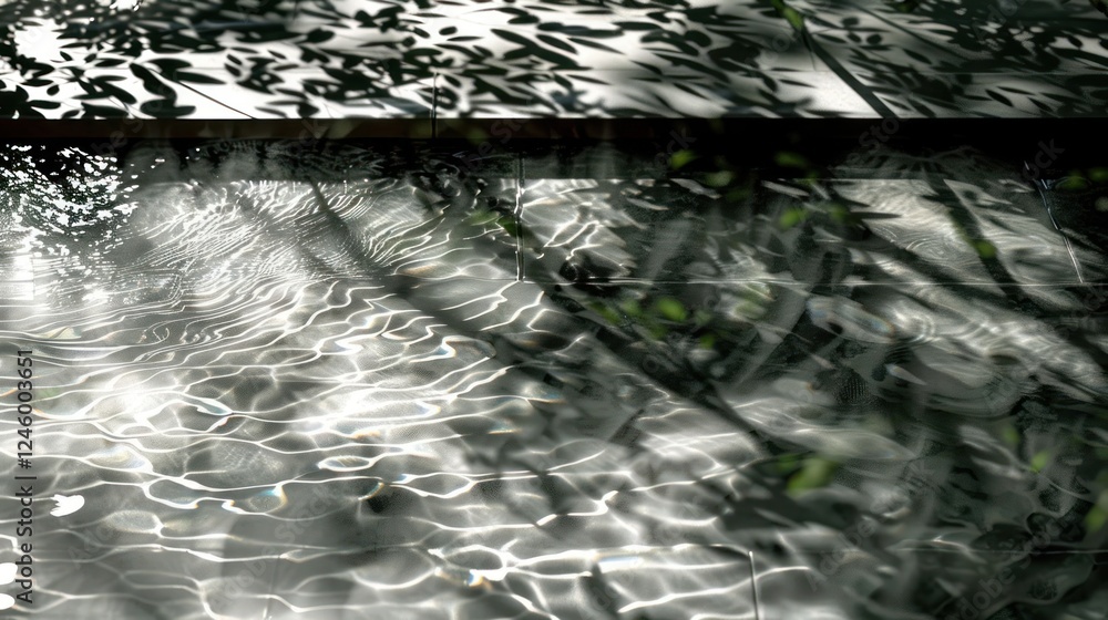 Poster sunlight casting intricate shadows on rippling water, surrounded by lush greenery in a tranquil sett
