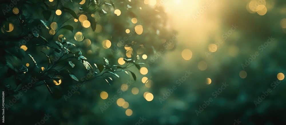 Poster forest green bokeh background with golden defocused lights and soft sunlight in a natural setting