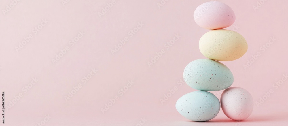 Poster minimalist easter decor with stacked colorful eggs on a soft pink background showcasing empty space 
