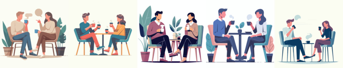 vector set of young couple sitting drinking coffee