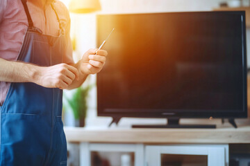 Handyman performing maintenance on a home TV, providing diagnostics and support