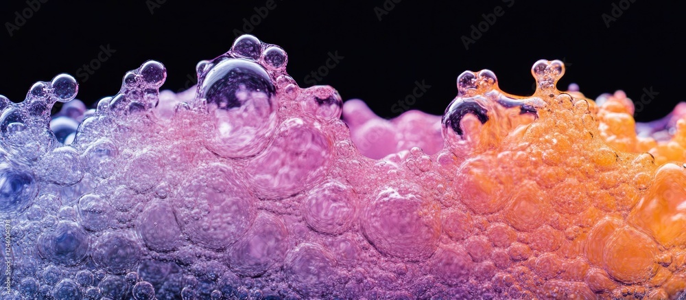 Poster colorful foam bubbles isolated on black background with clipping path showcasing texture and vibrant