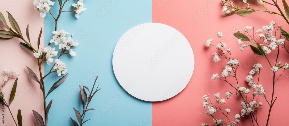 Aufkleber minimalistic flat lay of creative coupon design with empty circular space for text surrounded by flo