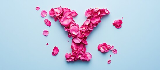 Abstract floral typography featuring the letter Y crafted from realistic pink rose petals on a soft blue background.