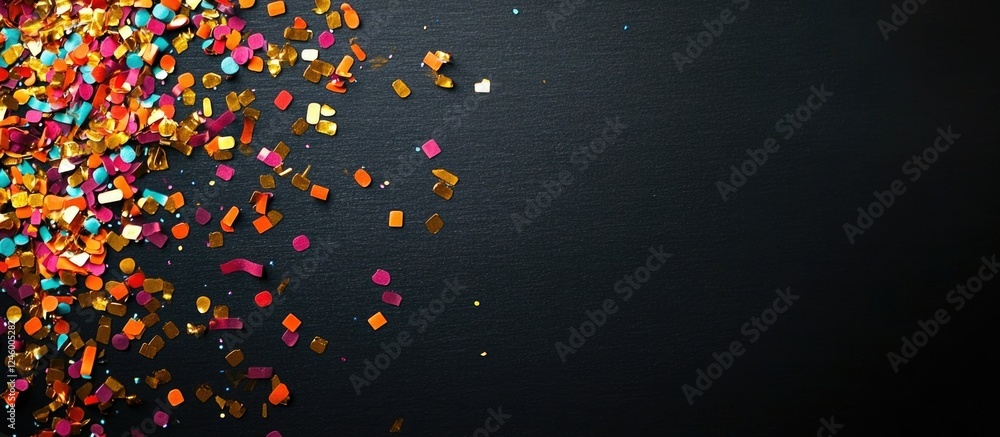 Poster golden confetti scattered against a black background creating a festive atmosphere with ample space 