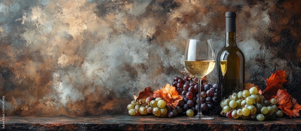 Poster elegant white wine glass beside a bottle and assorted grapes on a rustic table with a textured backg