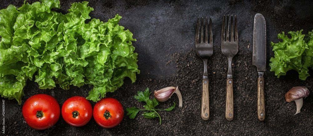 Poster fresh tomatoes and crisp lettuce with barbecue utensils on a dark surface featuring ample empty spac