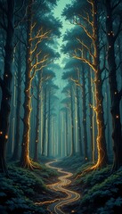 forest of glowing, circuit-like trees