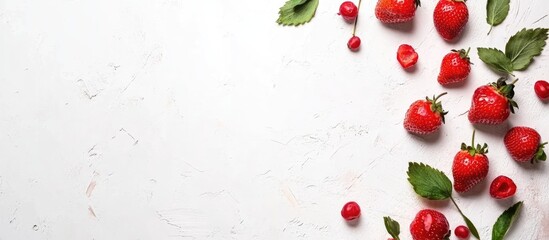 Fresh strawberries with green leaves on a white background ideal for food-related designs or product advertisements