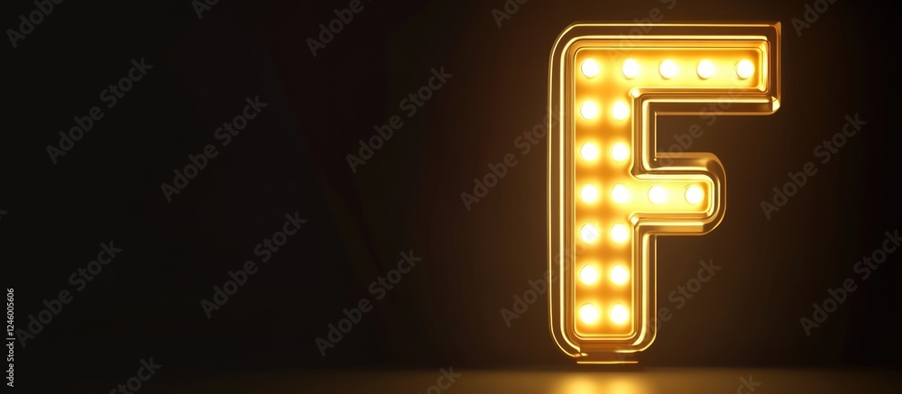 Poster golden illuminated letter f in led style on dark background with space for customizable social media