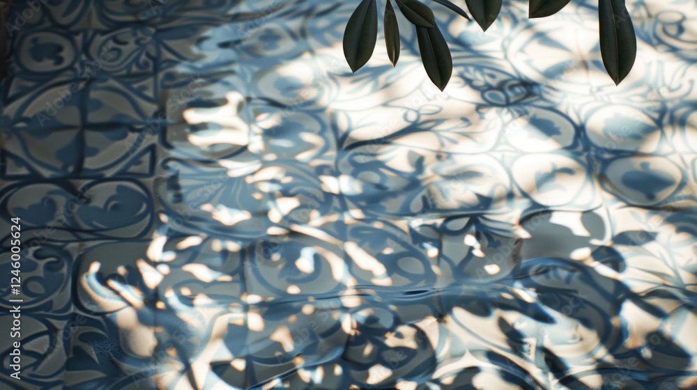 Aufkleber reflection of intricate tile patterns in water with soft light filtering through leaves