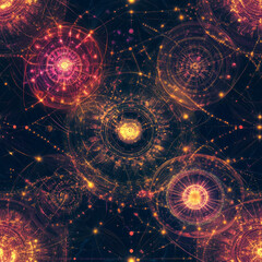 Seamless pattern modern trendy glowing mandala radiating energy bursts gold pink deep blue, sacred geometry patterns orbs subtle cosmic textures gradient ethereal light harmonious spiritual vibe 