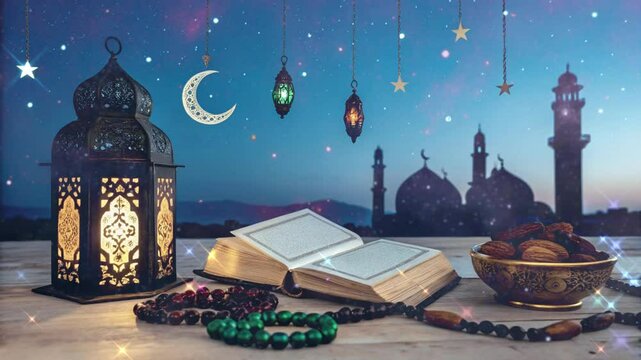 Ramadan Iftar Eid Mubarak festival with mosque date moon Islamic background.