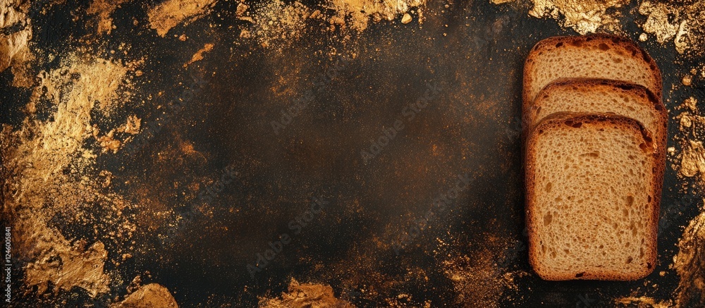 Poster Gourmet bread slices with crispy crust on dark textured background with ample space for customizable text and branding elements