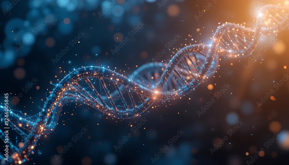 Poster futuristic dna strand made of binary code and glowing particle
