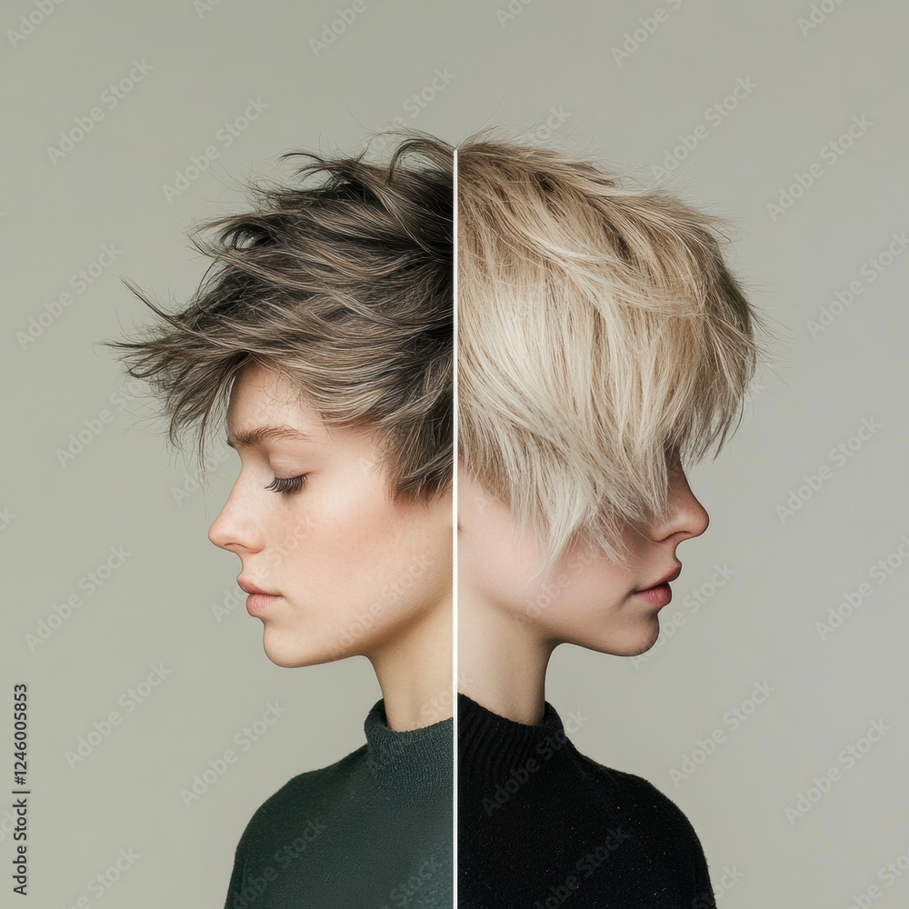 Poster side by side comparison of unkempt hair and a stylish haircut showcasing transformation and style. g